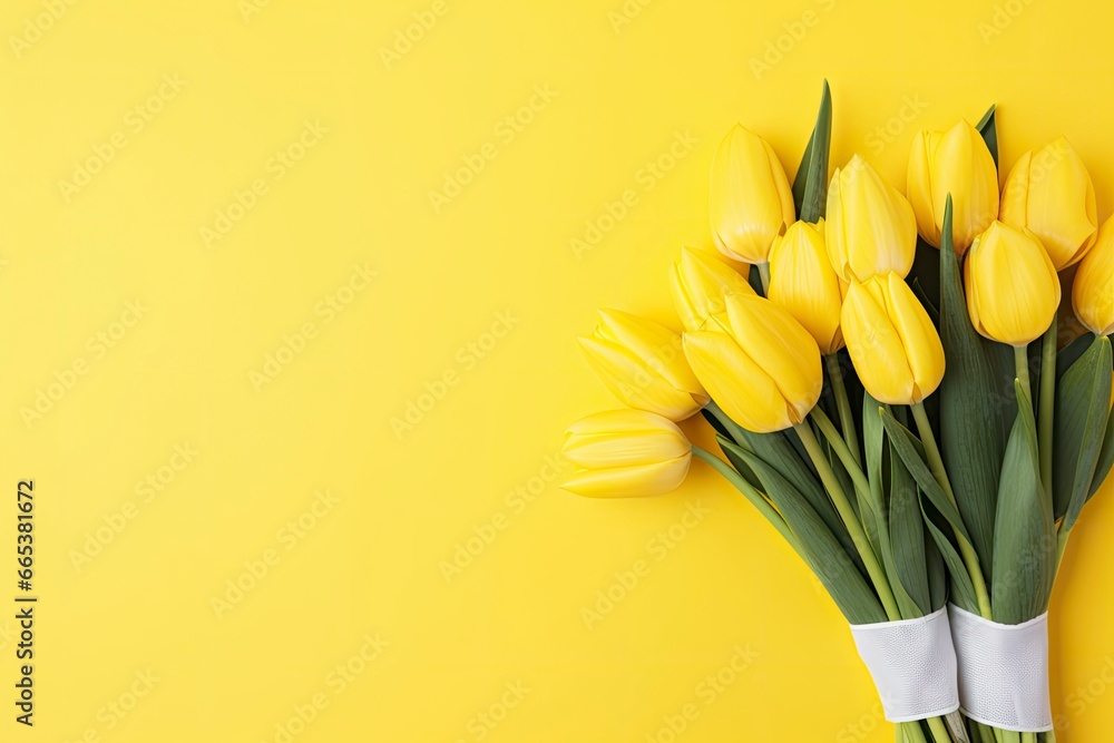 Top view design of holiday greeting tulip flower bouquet on bright yellow Background. Top view design of holiday greeting tulip flower bouquet on bright yellow Background.
