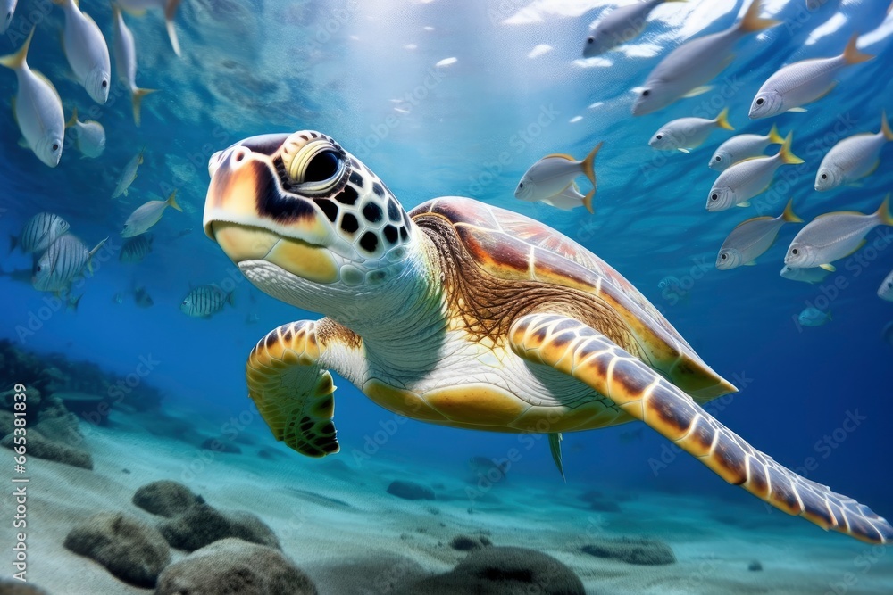 Turtle closeup with school of fish. Turtle closeup with school of fish.