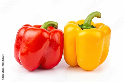 Two bell peppers, a red and a yellow isolated on white background.