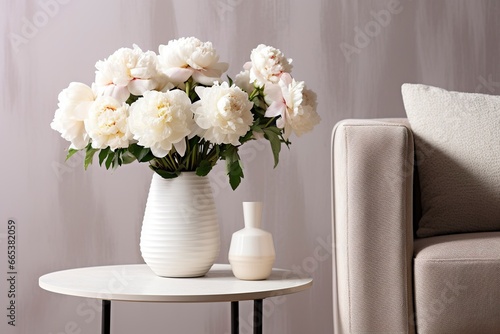 Vase of white peonies with coffee table and armchair near grey wall. © MdHafizur