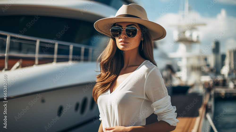 Elegant Woman Posing by the Luxury Yachts at the Seaport