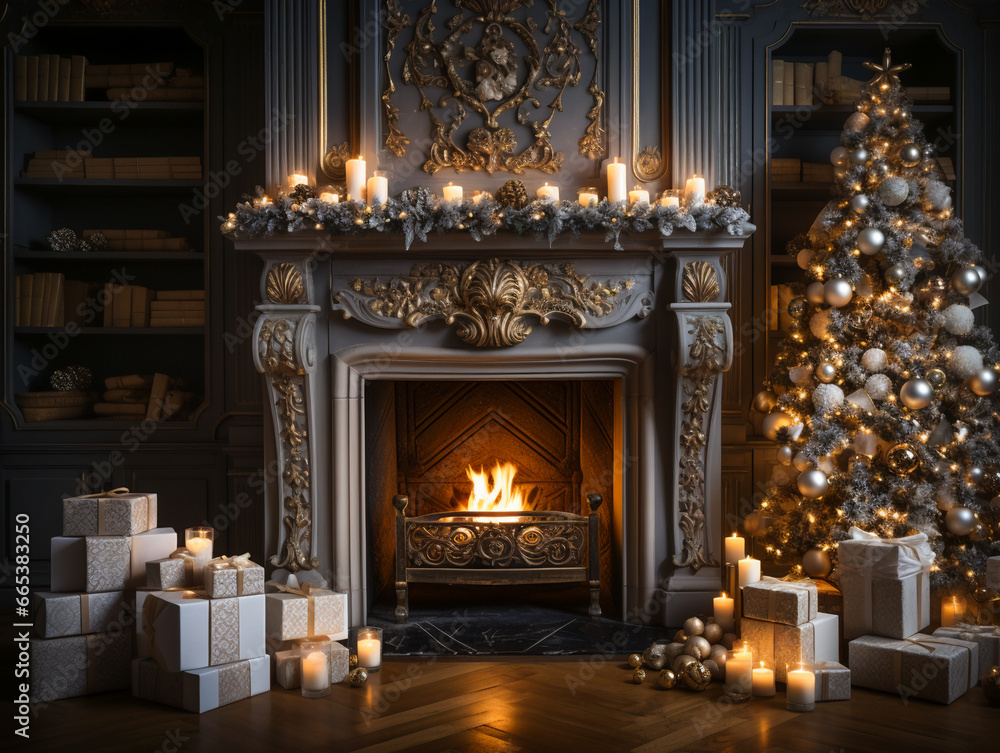 Festive Home Fireplace and Ornate Christmas Tree Festive Home Fireplace and Ornate Christmas Tree