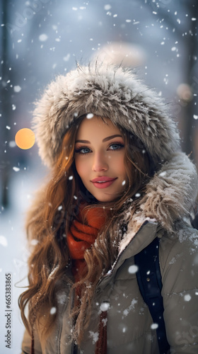 Girl Amidst Snowflakes. eautiful Woman in a Winter Park