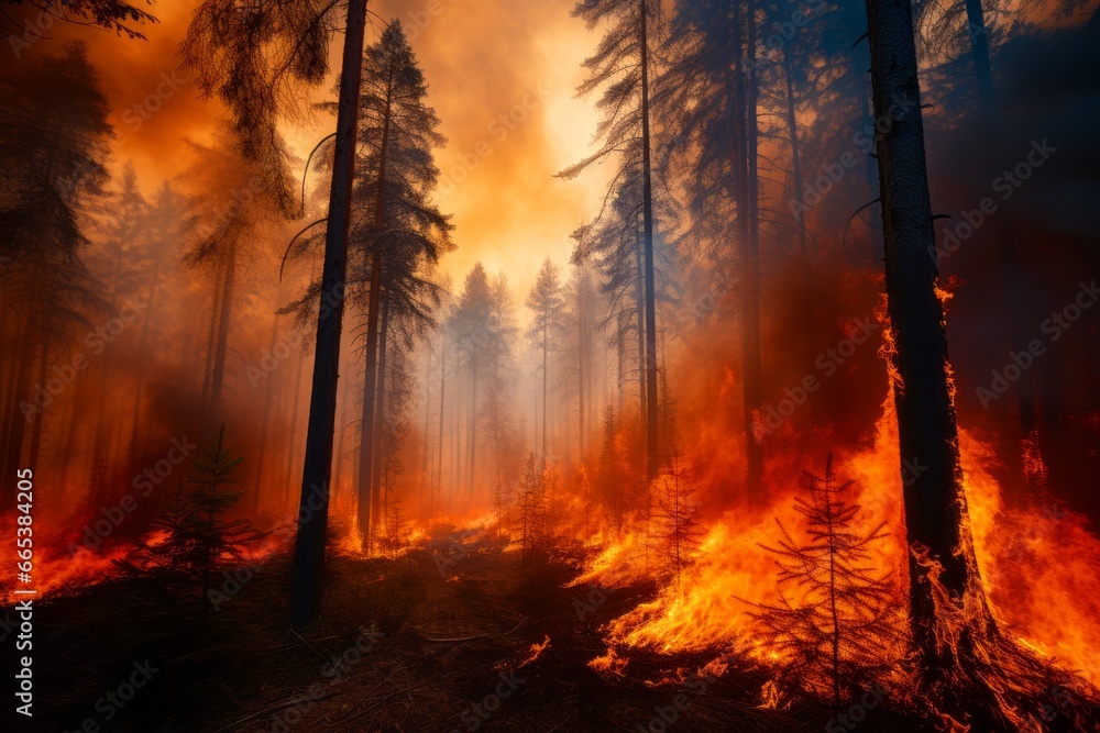 Forest fire burning in the forest with glowing flames and billowing smoke, natural disaster, global warming concept
Forest fire burning in the forest with glowing flames and billowing smoke, natural disaster, global warming concept