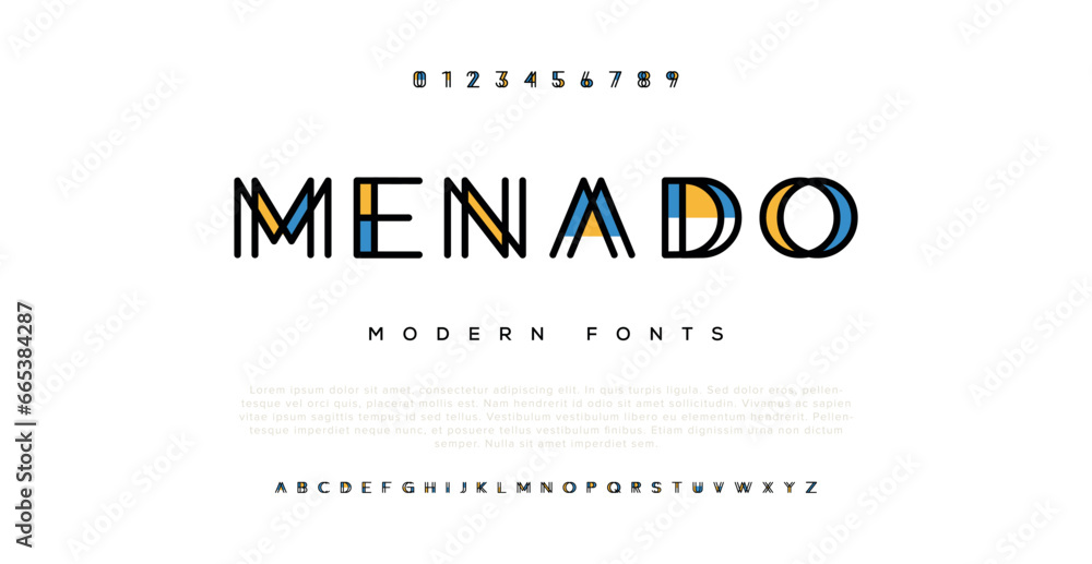 MENADO Modern abstract digital alphabet font. Minimal technology typography, Creative urban sport fashion futuristic font and with numbers. vector illustration - obrazy, fototapety, plakaty 