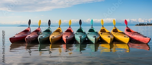 Fototapeta Naklejka Na Ścianę i Meble -  Fishing boats in the harbor. Row of colorful kayaks on the water at sunset. Sport and recreation concept.