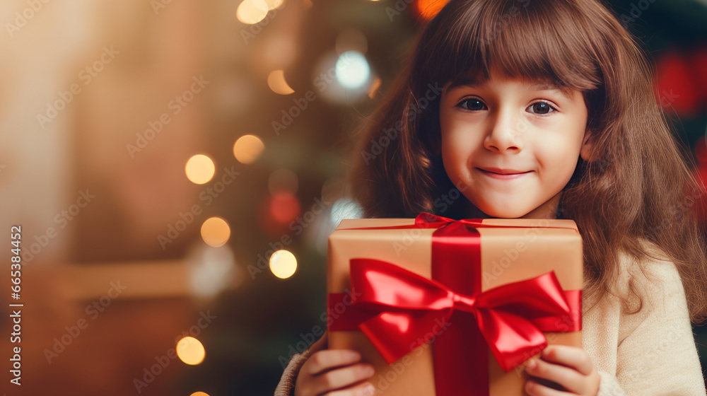 Little cute child holding gift box with red ribbon and giving gifts at holiday event, new year and christmas Little cute child holding gift box with red ribbon and giving gifts at holiday event, new year and christmas