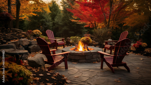Glowing Fire Pit and Lawn Chairs. Relaxing by the Fire Pit on a Chilly Autumn Evening.