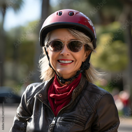 Cheerful blonde woman, red helmet, sunglasses, city park background. © ciprian