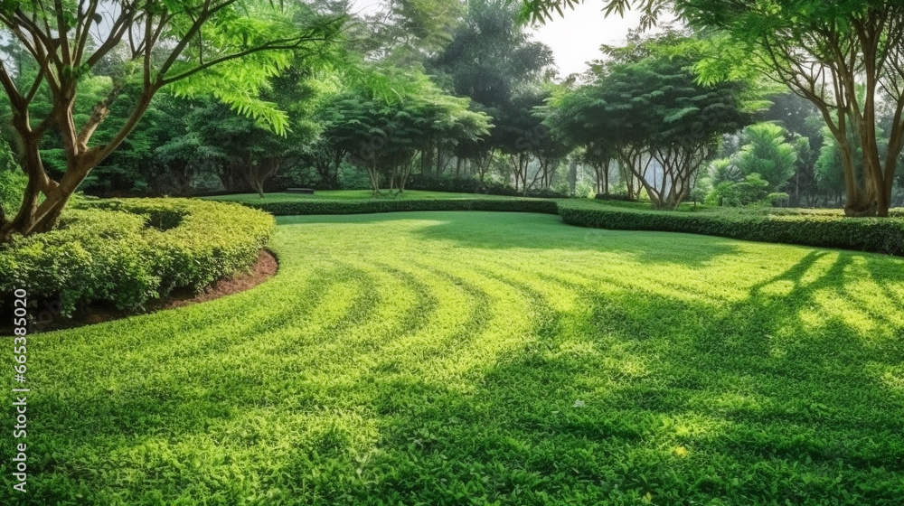 Green carpet grass smooth lawn in garden with row of bush and trees on the background. AI Generated