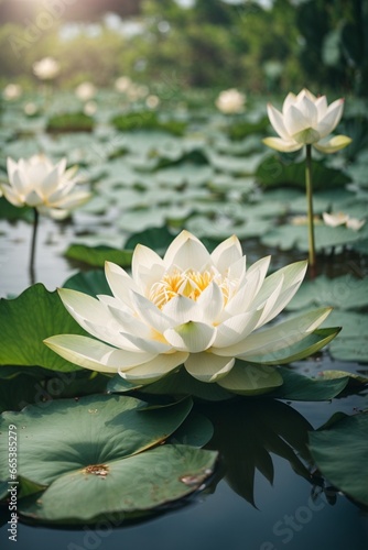 Beautiful white lotus flower blooming in the pond with sunlight.