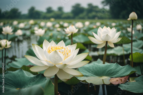 Beautiful white lotus flower blooming in the pond with sunlight.