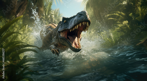 t rex walking through the water in the jungle