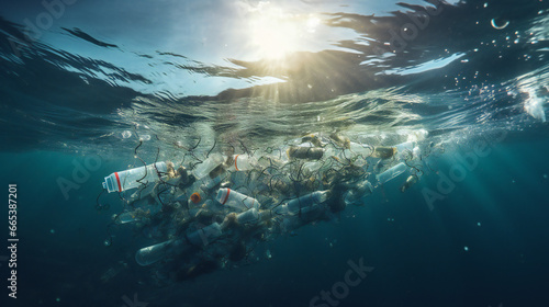 Environmental Disaster.Plastic Waste in the Sea.  Ocean Garbage.  Plastic Bottles and Debris photo