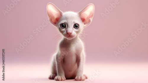 Realistic 3d render of a happy   furry and cute baby Oriental Shorthair smiling with big eyes looking strainght