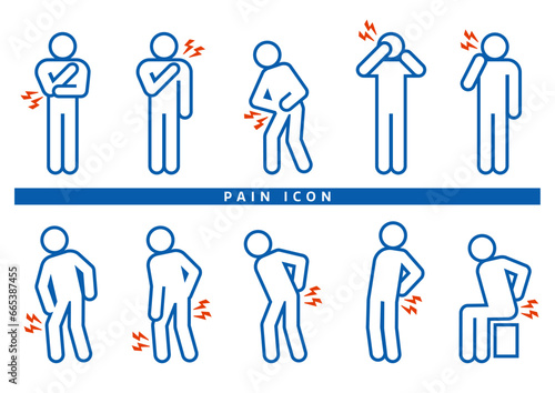 痛みのアイコンセット｜肩こり、四十肩・五十肩、腰痛、膝痛、筋肉痛、坐骨神経痛、頭痛・偏頭痛、腹痛 