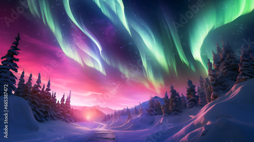 Ribbons of Northern Lights in the Snowy North © EwaStudio