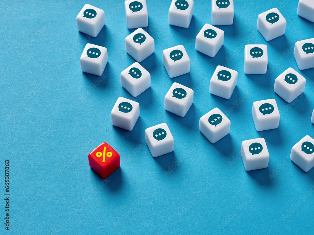 Discount, sale and price promotion. Best offer. Speech bubble and percentage symbols on cubes. Discount, sale and price promotion. Best offer. Speech bubble and percentage symbols on cubes.