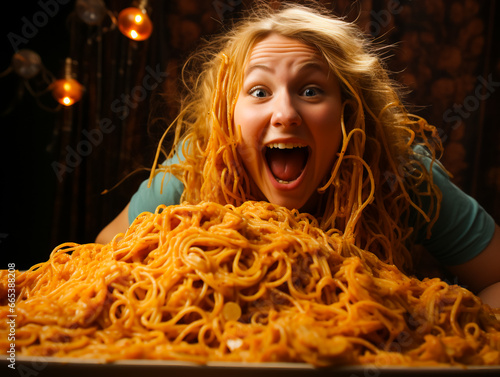 Eating Without Bounds. Woman Enjoying Spaghetti in Spite of Obesity