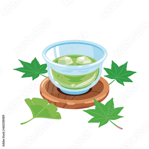 湯呑み茶碗に入ったお茶　青紅葉付き