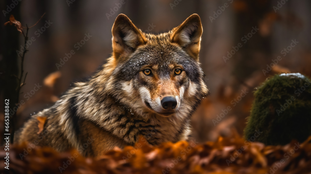Obraz premium Timber Wolf in the Forest. AI Generated
