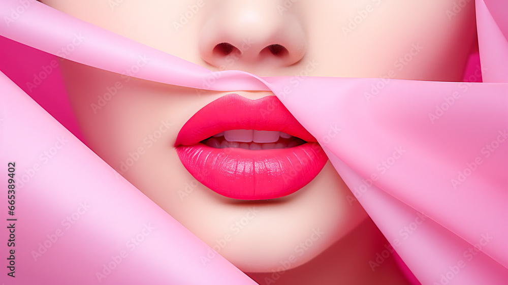 Fototapeta premium Vibrant Pink Lips Glimpsing Through Colored Paper