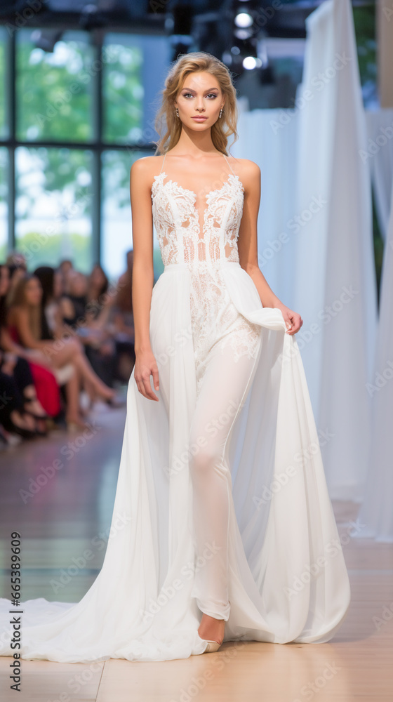 Wedding Model.  Female models walk the runway in beautiful stylish white wedding dresses during a Fashion Show