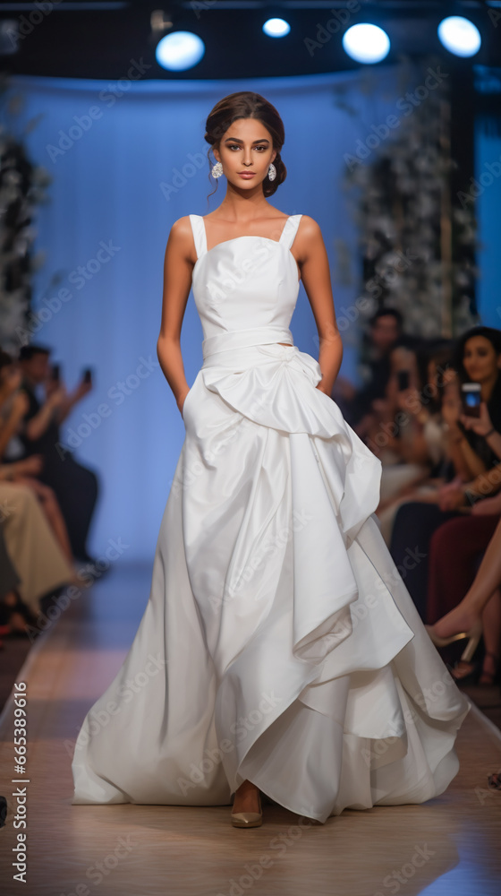 Wedding Model.  Female models walk the runway in beautiful stylish white wedding dresses during a Fashion Show