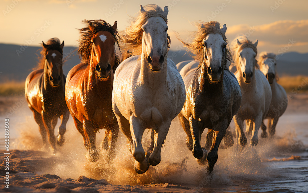 Obraz premium Wild Horse Herd Galloping Through the Rugged Wilderness