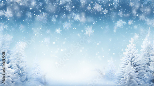 Winter Panoramic Background. Snowy Fir Branches and Falling Snowflakes