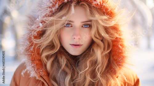 Portrait of a beautiful girl in winter park