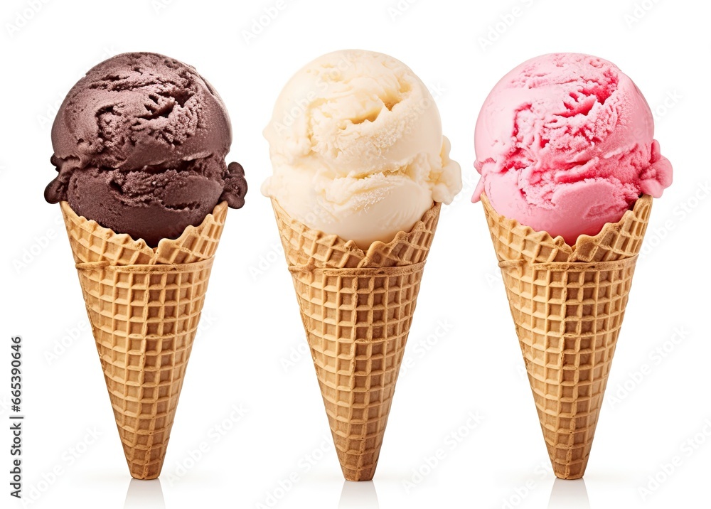 Chocolate, vanilla and strawberry Ice cream in the cone on white background.