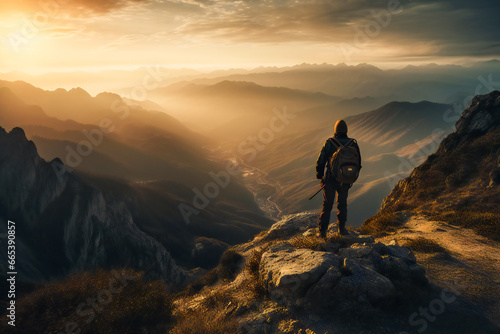 a person standing at the top of a mountain  looking out at the stunning view. Generative AI....