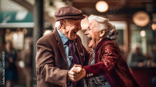 Beautiful senior couple is dancing and smiling. AI Generated © EwaStudio