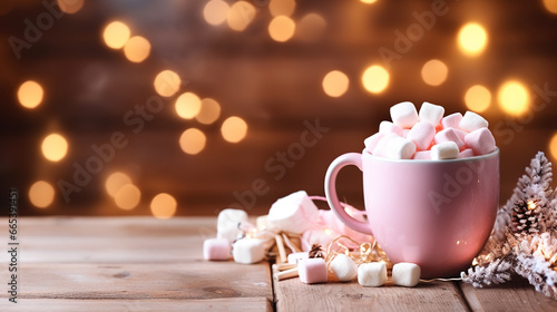 Pink cup of hot cocoa with marshmallows on a wooden table with Christmas spices
