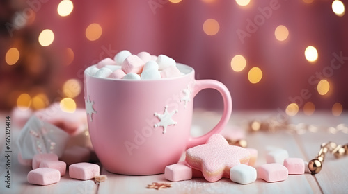 Pink cup of hot cocoa with marshmallows on a wooden table with Christmas spices