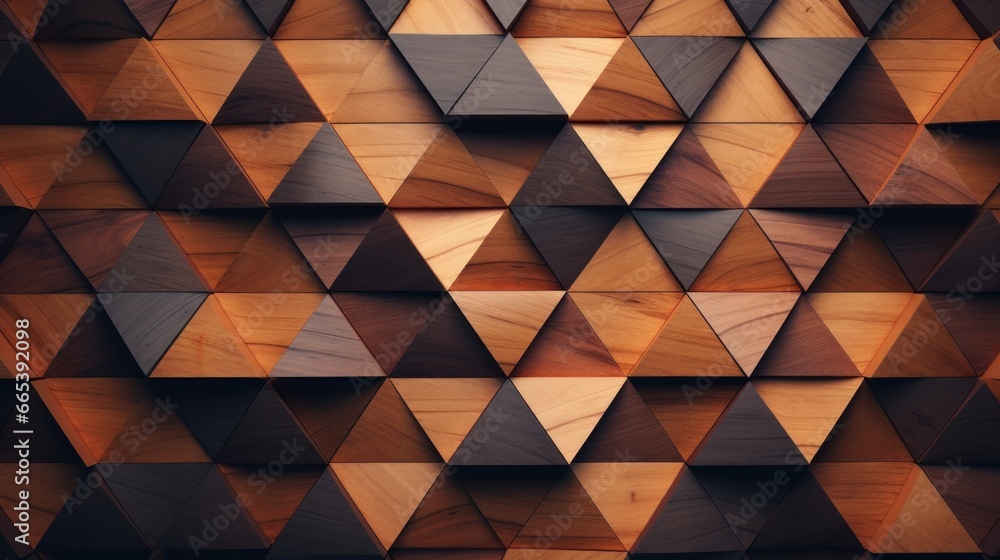 A 3D illustration featuring wooden triangles set against a wooden backdrop. This artwork presents an abstract low-poly background with polygonal shapes formed by a mosaic of low-poly triangles A 3D illustration featuring wooden triangles set against a wooden backdrop. This artwork presents an abstract low-poly background with polygonal shapes formed by a mosaic of low-poly triangles