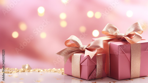 Pink Christmas gift boxes with gold bow on blue defocused holiday background.