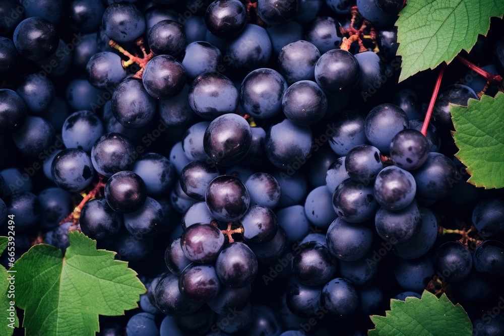 Flat lay background of vines, lots of organic blue dark grapes. Flat lay background of vines, lots of organic blue dark grapes.