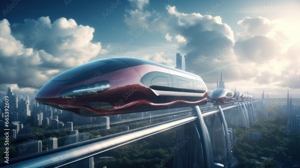 A vision of the future with a flying passenger train traversing a futuristic and sci-fi city enveloped in clouds, representing a utopian concept of what lies ahead. This breathtaking aerial view A vision of the future with a flying passenger train traversing a futuristic and sci-fi city enveloped in clouds, representing a utopian concept of what lies ahead. This breathtaking aerial view