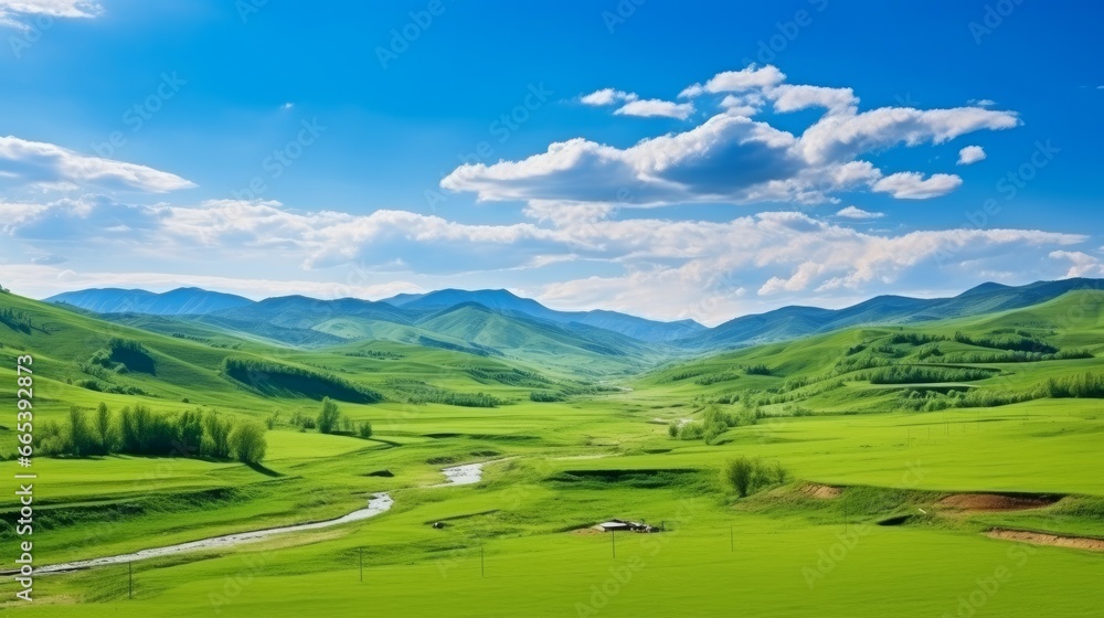 A sweeping panoramic view of the picturesque Romanian countryside, bathed in the warm glow of a sunny afternoon. This captivating springtime landscape unfolds in the mountainous terrain