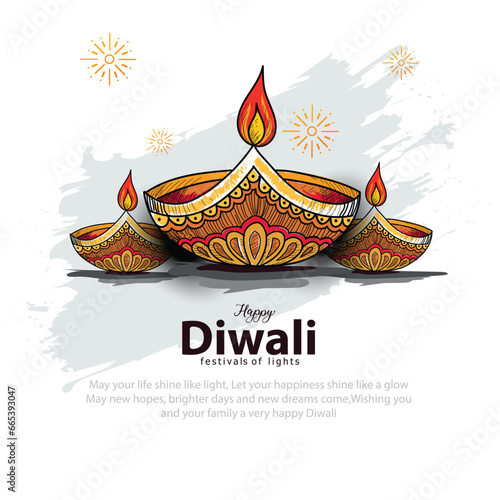 happy Diwali. Indian festivals of light with outline Diya. vector illustration design