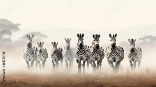 a herd of zebras walking across a desert