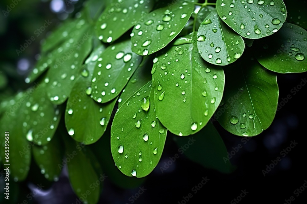 Green leaves with water droplets on them. Green leaves with water droplets on them.
