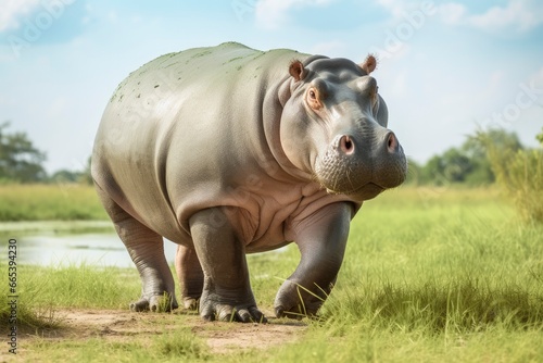 Hippopotamus Walking in a green field. © MdHafizur