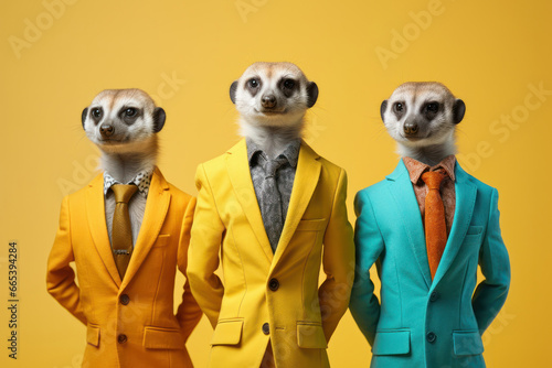 Stylish animal rock band, fashionable portrait of anthropomorphic superstar meerkats with sunglasses and vibrant suits, group photo, glam rock style. Generative AI. photo