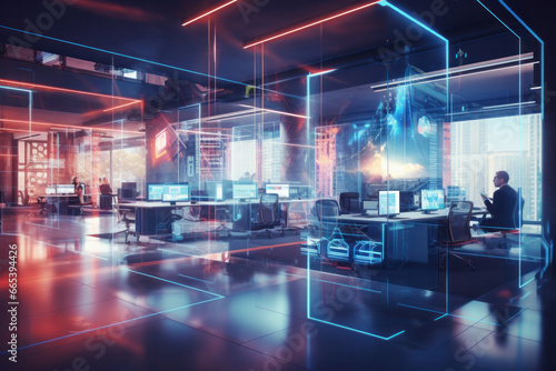  Modern neon cyberpunk open space office interior blurred with information technology overlay. Corporate strategy for finance, operations, marketing,ai generative photo