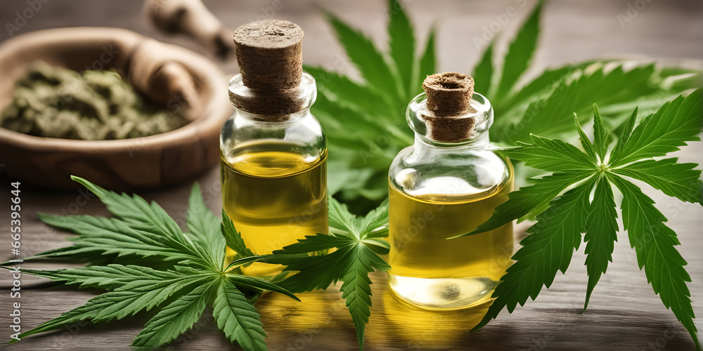 Cannabis oil in glass bowl and fresh cannabis leaves on wooden. Cannabis oil in glass bowl and fresh cannabis leaves on wooden.