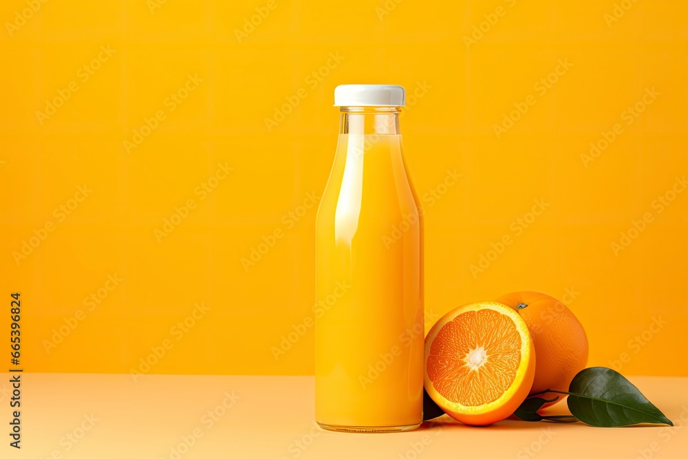 Orange Juice bottle on orange background. - obrazy, fototapety, plakaty 