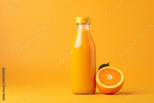 Orange Juice bottle on orange background.